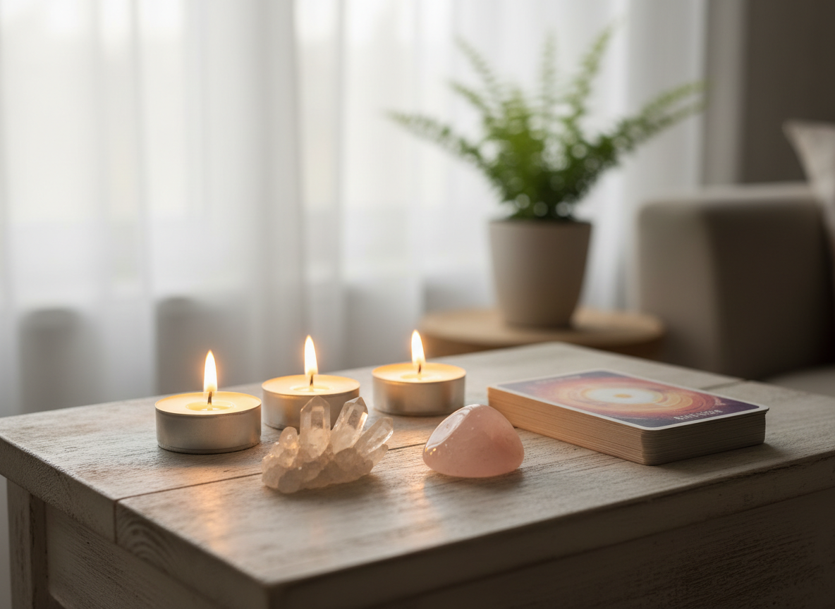 A gentle, ethereal hero image featuring a small altar scene with warm candlelight, a few clear and rose quartz crystals, and a single neatly stacked deck of oracle cards on a wooden surface. Soft-focus background, warm natural light, no visible tarot symbolism, calm and inviting spiritual atmosphere.